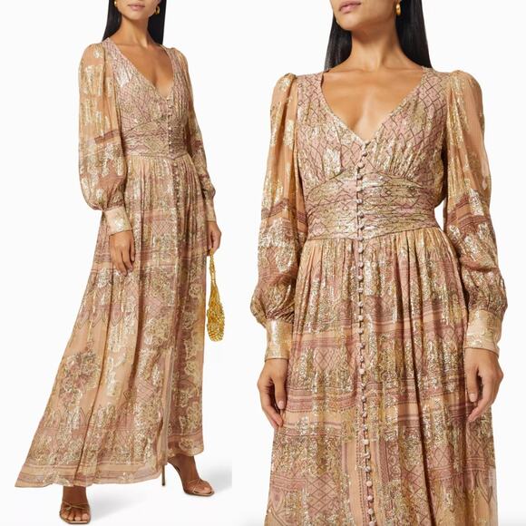 Hemant & Nandita | NWT Noor V Neck Maxi Dress Floral Georgette Lurex Boho XS - Picture 1 of 16